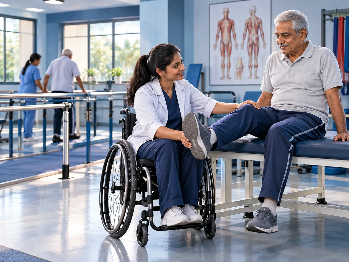 A physiotherapist who uses a wheelchair guiding an elderly patient through a knee exercise in a bright government rehabilitation room