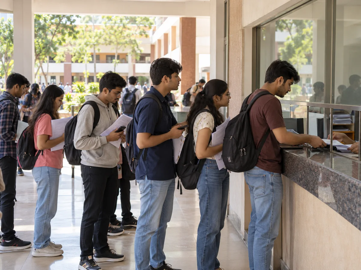 First-year students queueing at a college accounts counter with admission papers in their hands