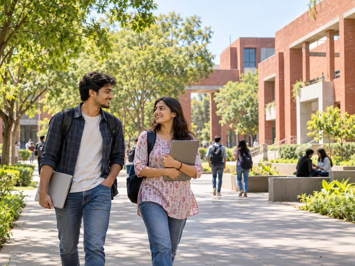 Two third-year engineering students carrying backpacks walking towards a modern academic building on a green university campus in Gandhinagar