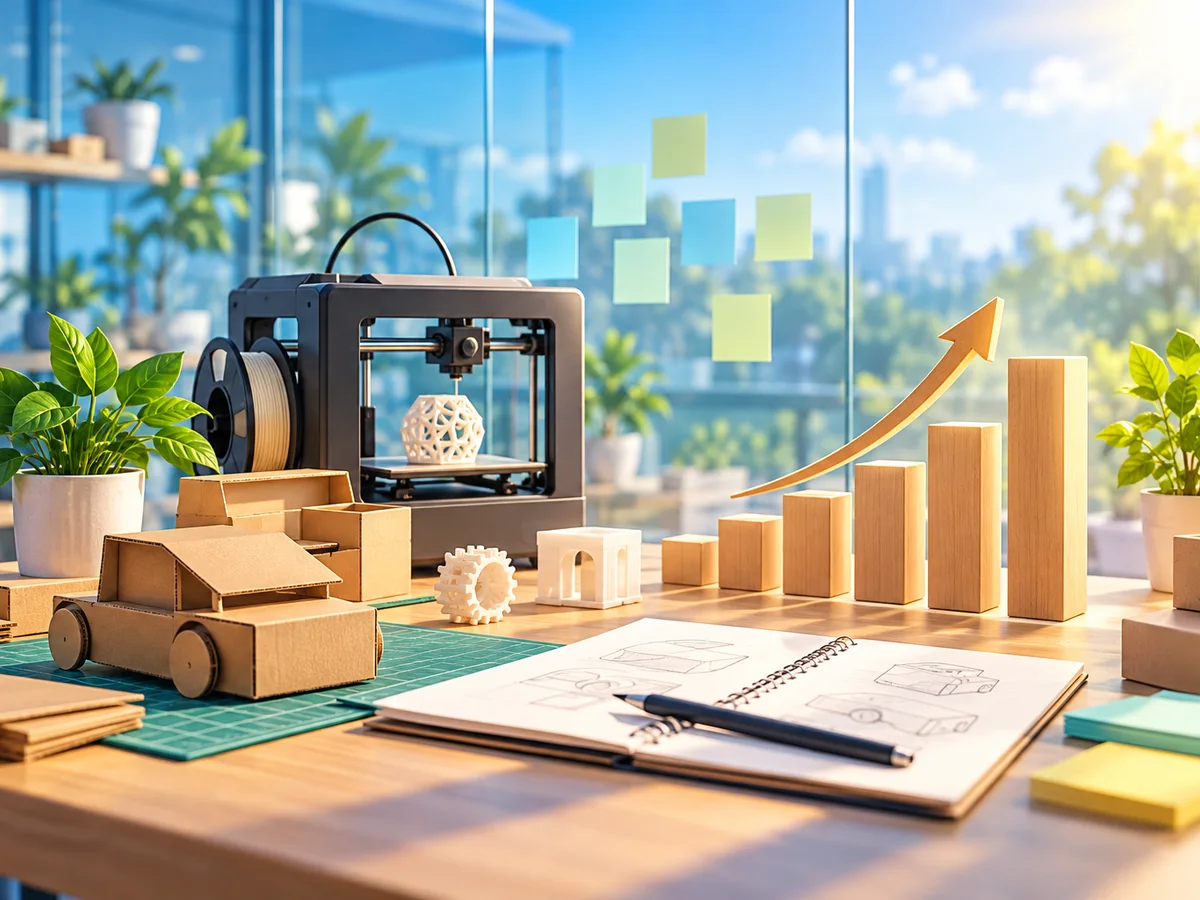 A small student start-up workspace: cardboard prototypes, a compact 3D printer, blank sticky notes on a glass wall and a rising bar chart built from wooden blocks