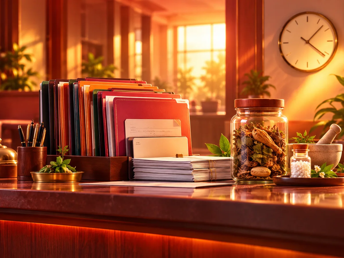 An admission help-desk counter with a neat line of student document folders and fee receipts, a glass jar of Ayurvedic herbs and a small homoeopathy vial on the counter, and a wall clock showing late afternoon