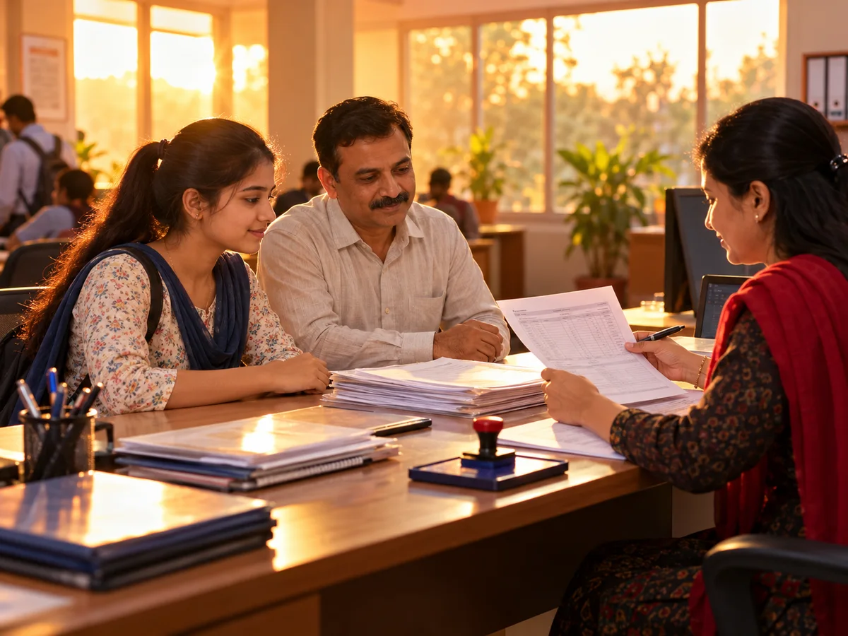 A Class 12 science student and her father sitting at a help centre desk while a staff member checks her NEET scorecard and certificates