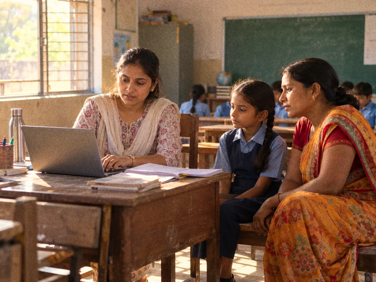 A Class 5 girl in a government primary school uniform sitting beside her mother at a teacher's desk while the teacher fills in an online form on a laptop, in a sunlit village classroom with a blackboard behind them