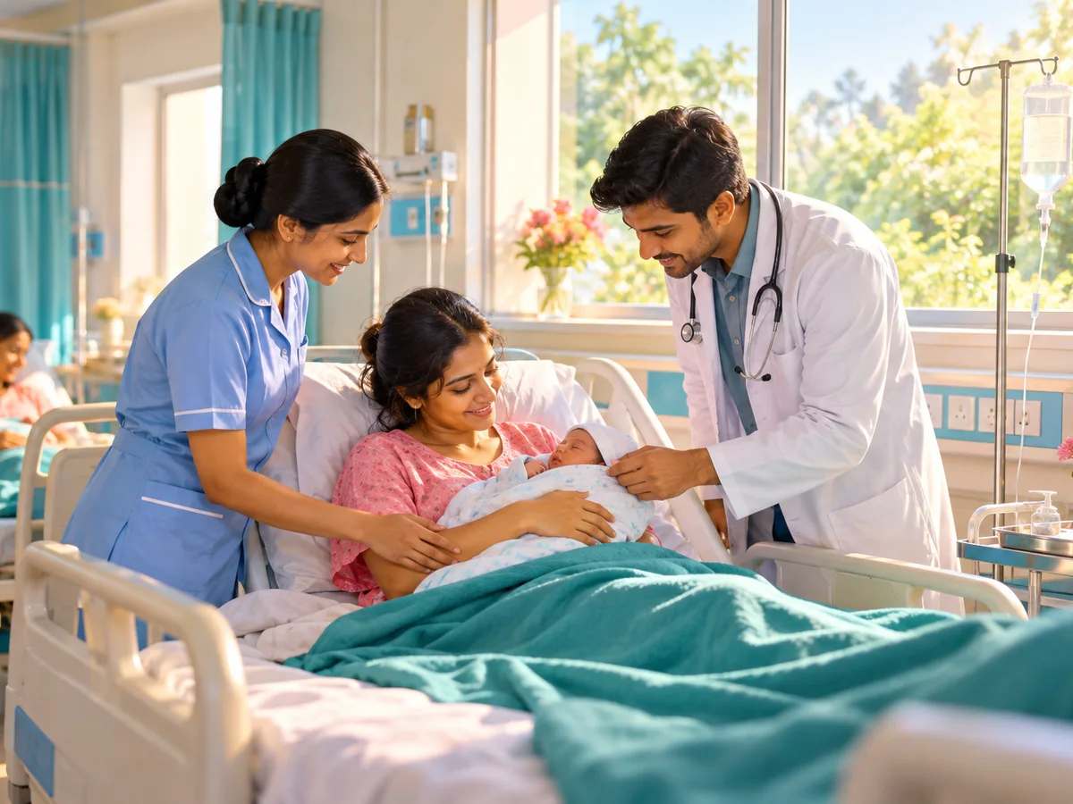 A nurse and a doctor checking on a new mother and her baby in a clean, sunlit maternity ward of a district hospital in Gujarat