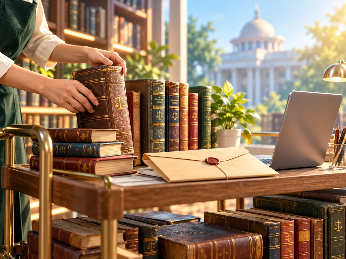 A librarian's hands (no face visible) cataloguing old leather-bound law books on a wooden trolley, with a laptop and a sealed application envelope beside them