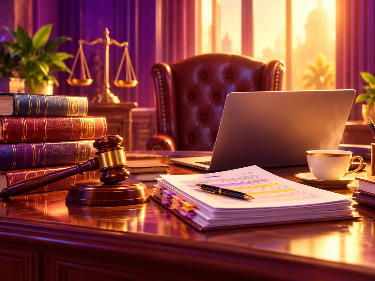 A research desk in a judge's chambers: a stack of law books, a wooden gavel, a laptop, highlighted case papers and a cup of tea