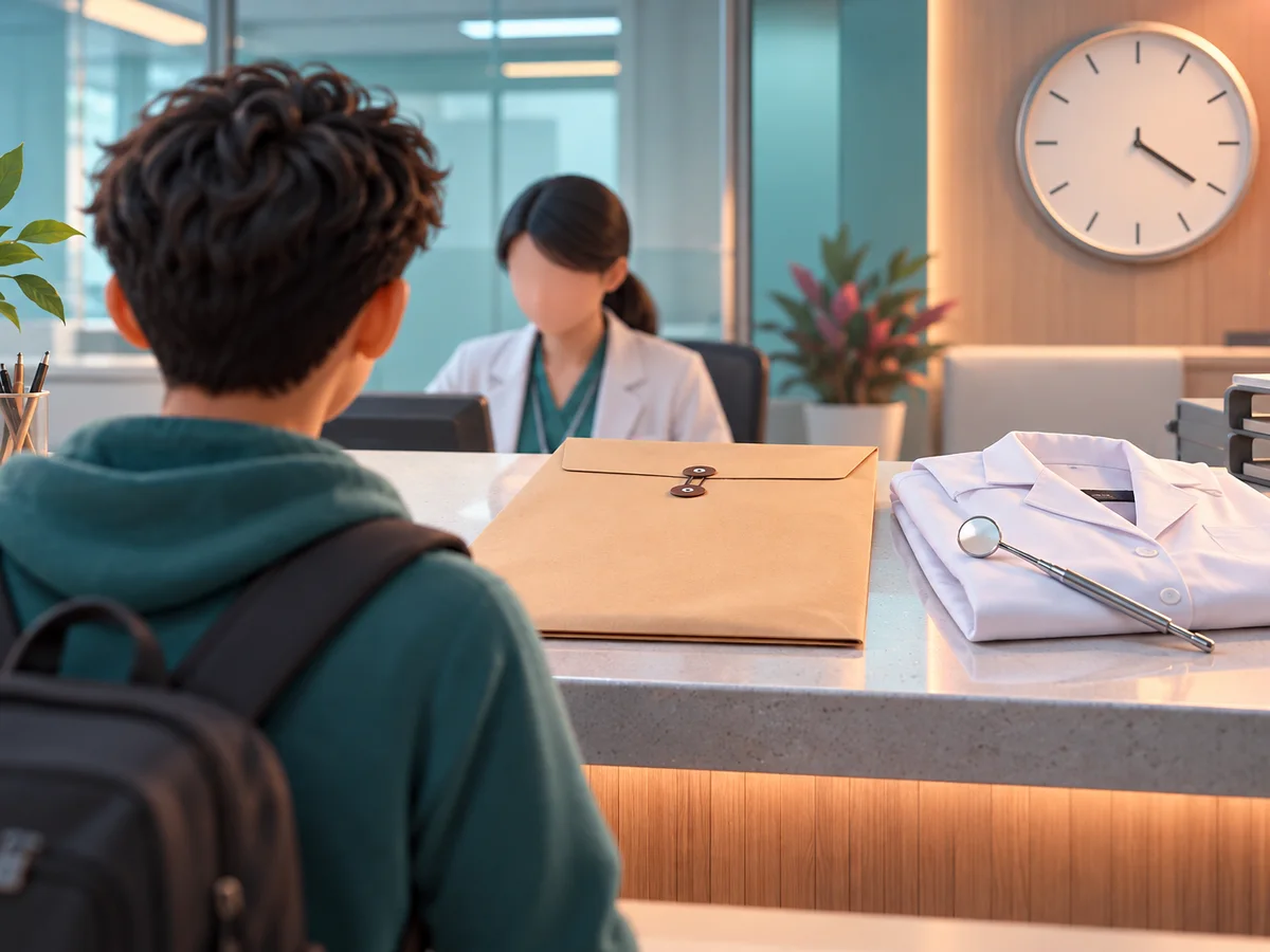 A help-centre counter seen from behind a student's shoulders: a sealed 11x15 inch document envelope, a dental mirror and a white coat folded on the counter, with a wall clock showing nearly four