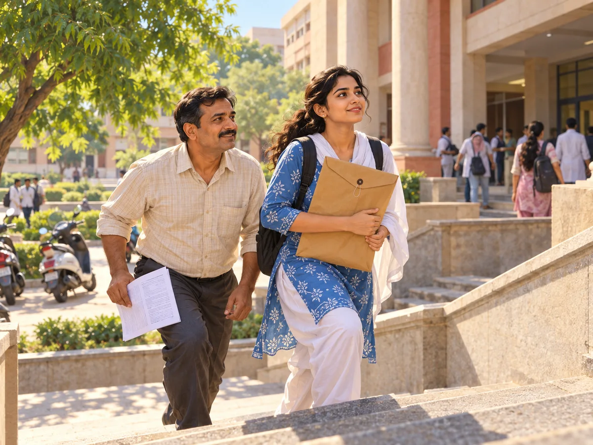 A student and her father hurrying up the steps of a government medical college building at mid-morning, holding a large brown document envelope and a printed fee receipt