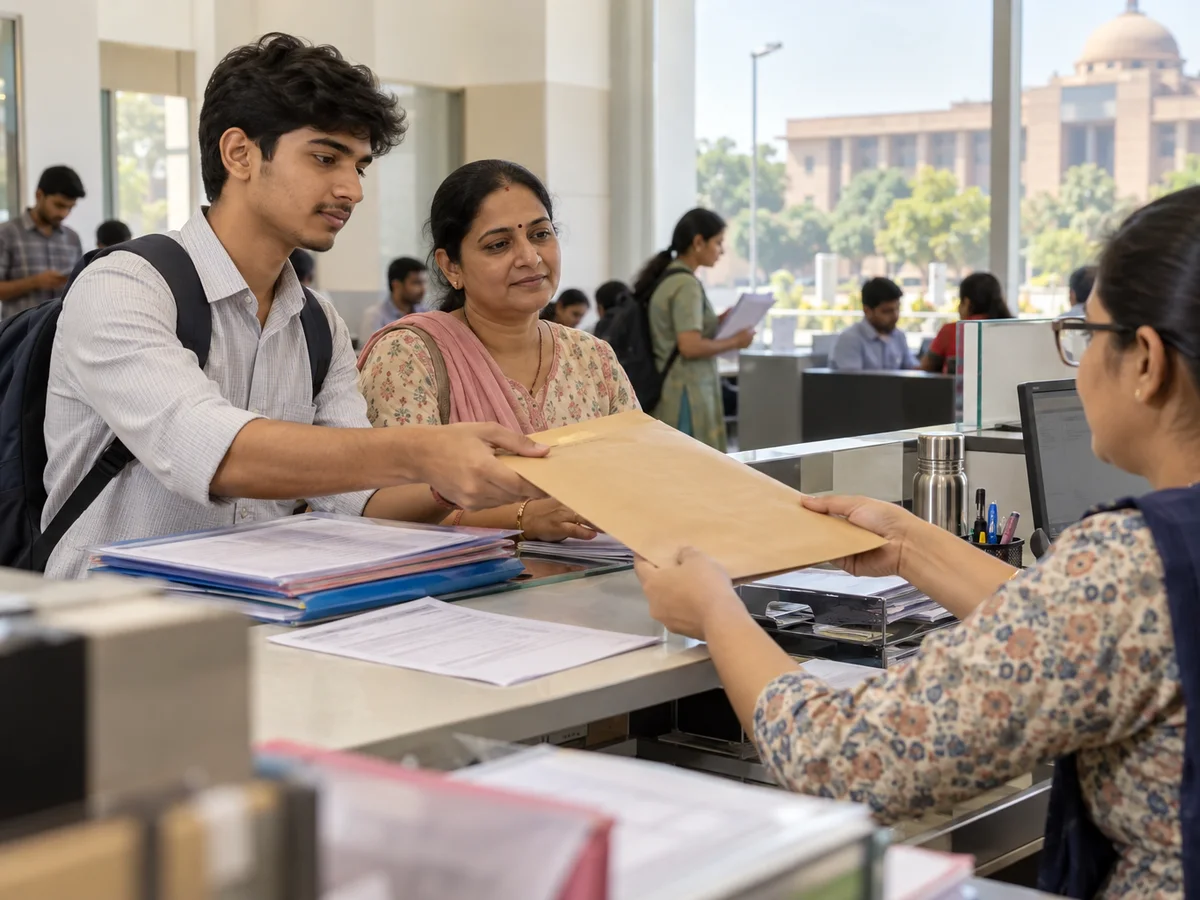 A medical aspirant and a parent checking an allotment letter against a folder of original certificates at a help centre desk