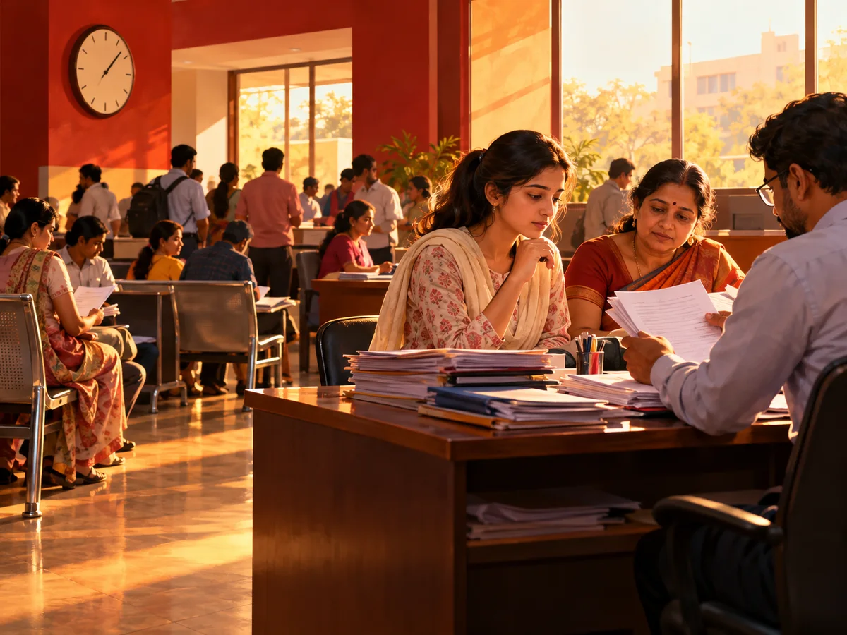 A young woman and her mother at a medical college help centre counter in Gujarat, handing a folder of photocopied certificates to an official while other families wait on benches