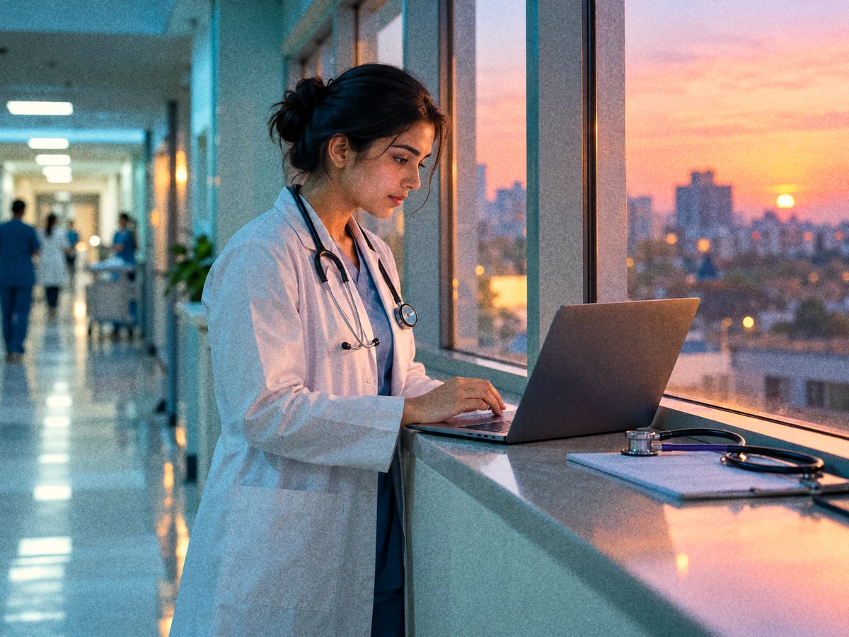 A young doctor in a hospital corridor at dusk, scrolling through a long list on a laptop balanced on a window ledge, with a stethoscope and a printed seat list beside it
