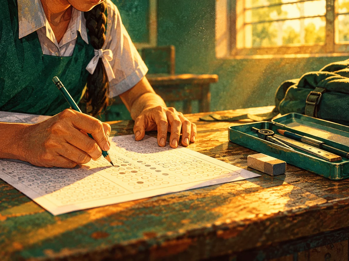 A Class 8 student at a wooden desk in a government-school classroom, filling circles on an answer sheet with a pencil, a geometry box and a folded school bag beside her