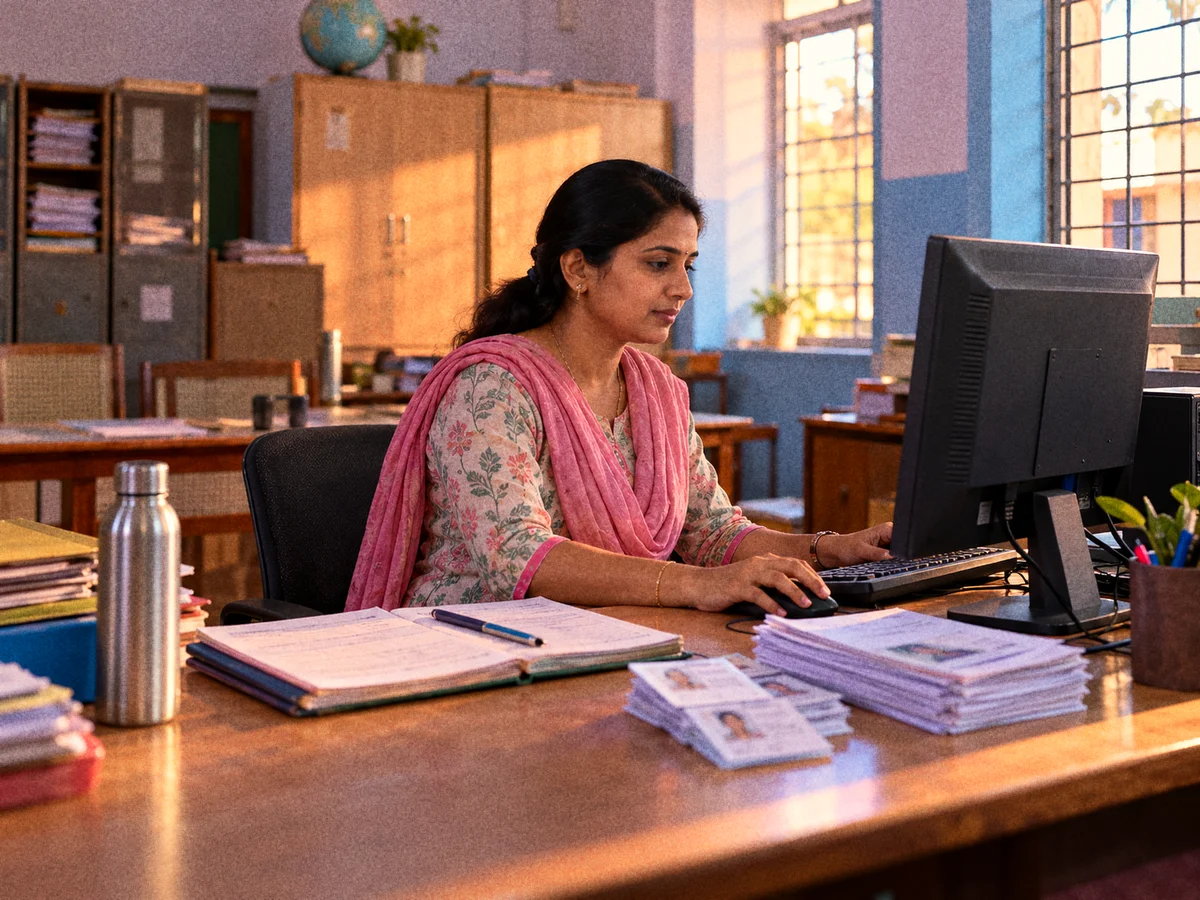 A schoolteacher at a staffroom desk in a government school, entering a student's details on a desktop computer, with a short stack of Aadhaar photocopies and printed forms beside the keyboard