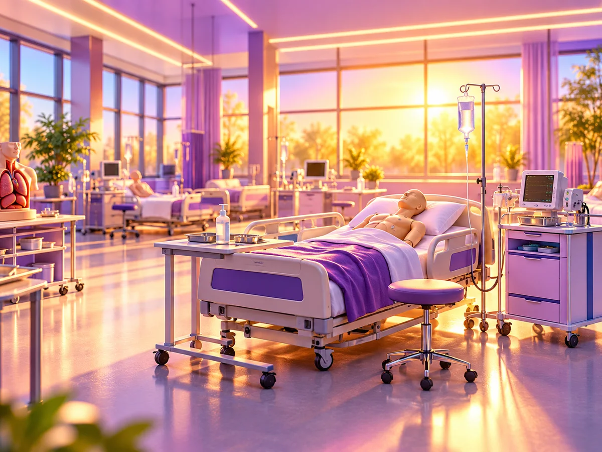A bright nursing skills lab with hospital beds, IV stands and training mannequins, most stations unoccupied, sunlight through tall windows