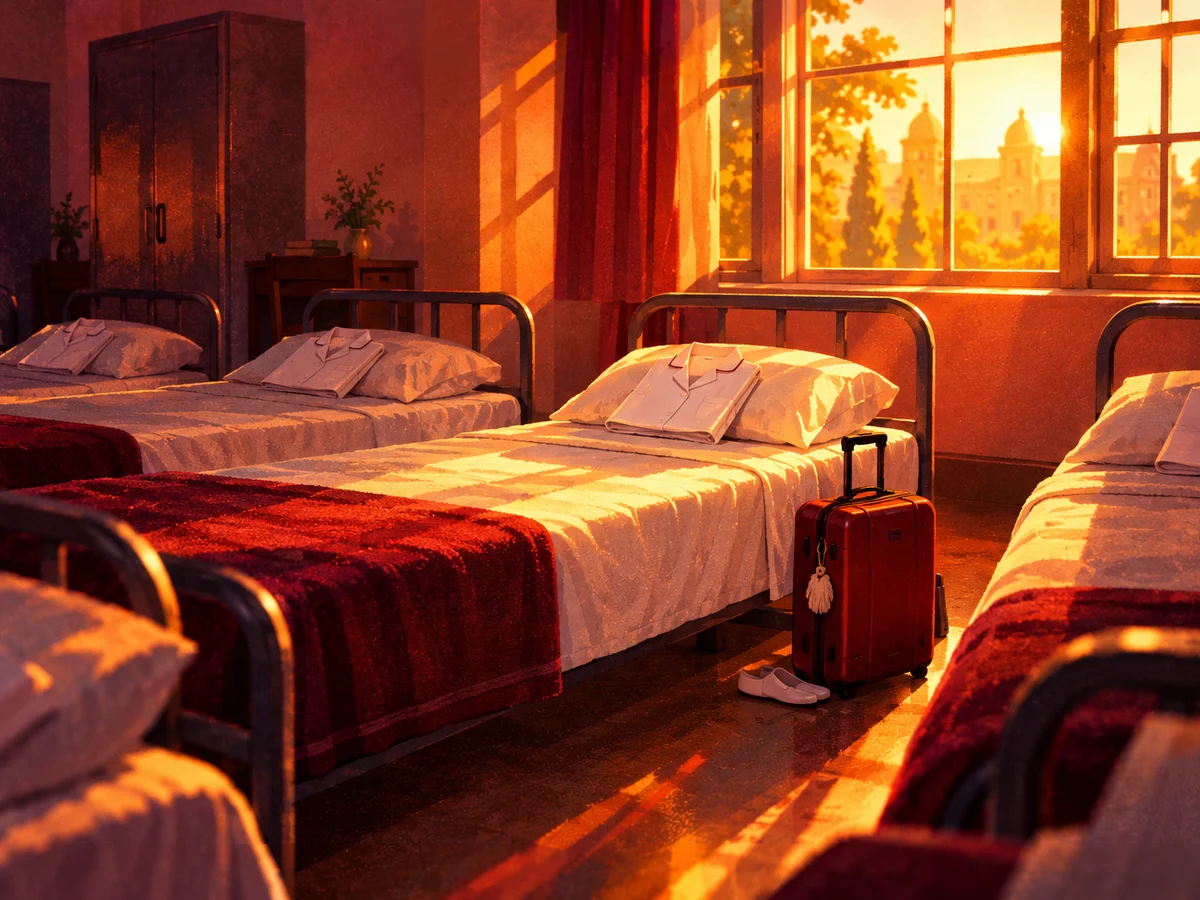 A row of empty hostel-style beds with folded white nursing uniforms on each, morning light through a tall window of an old government hospital nursing school