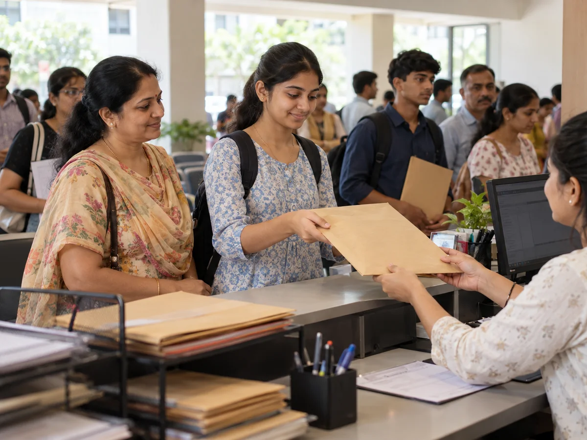 A nursing aspirant and her mother handing a sealed envelope of original certificates to a staff member at an admission help centre counter