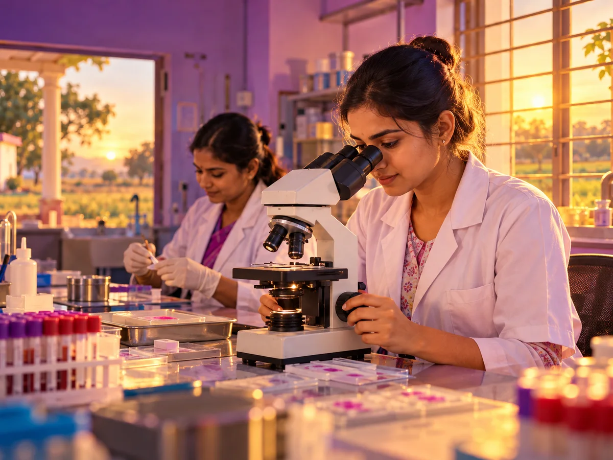 A young woman lab technician in a primary health centre laboratory in rural Gujarat, looking into a microscope beside racks of sample tubes, a colleague labelling slides