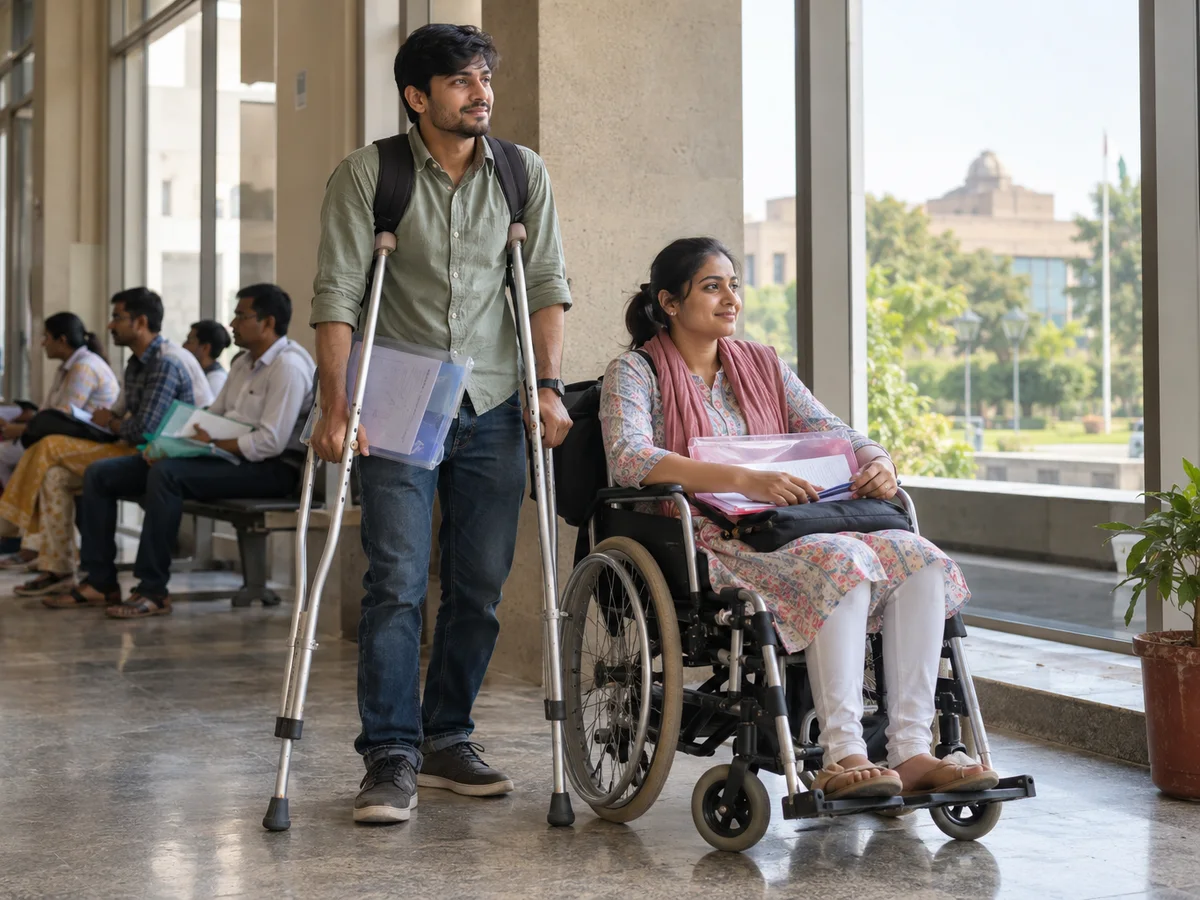 A young man using crutches and a young woman in a wheelchair waiting with their certificate files outside a government office hall in Gandhinagar