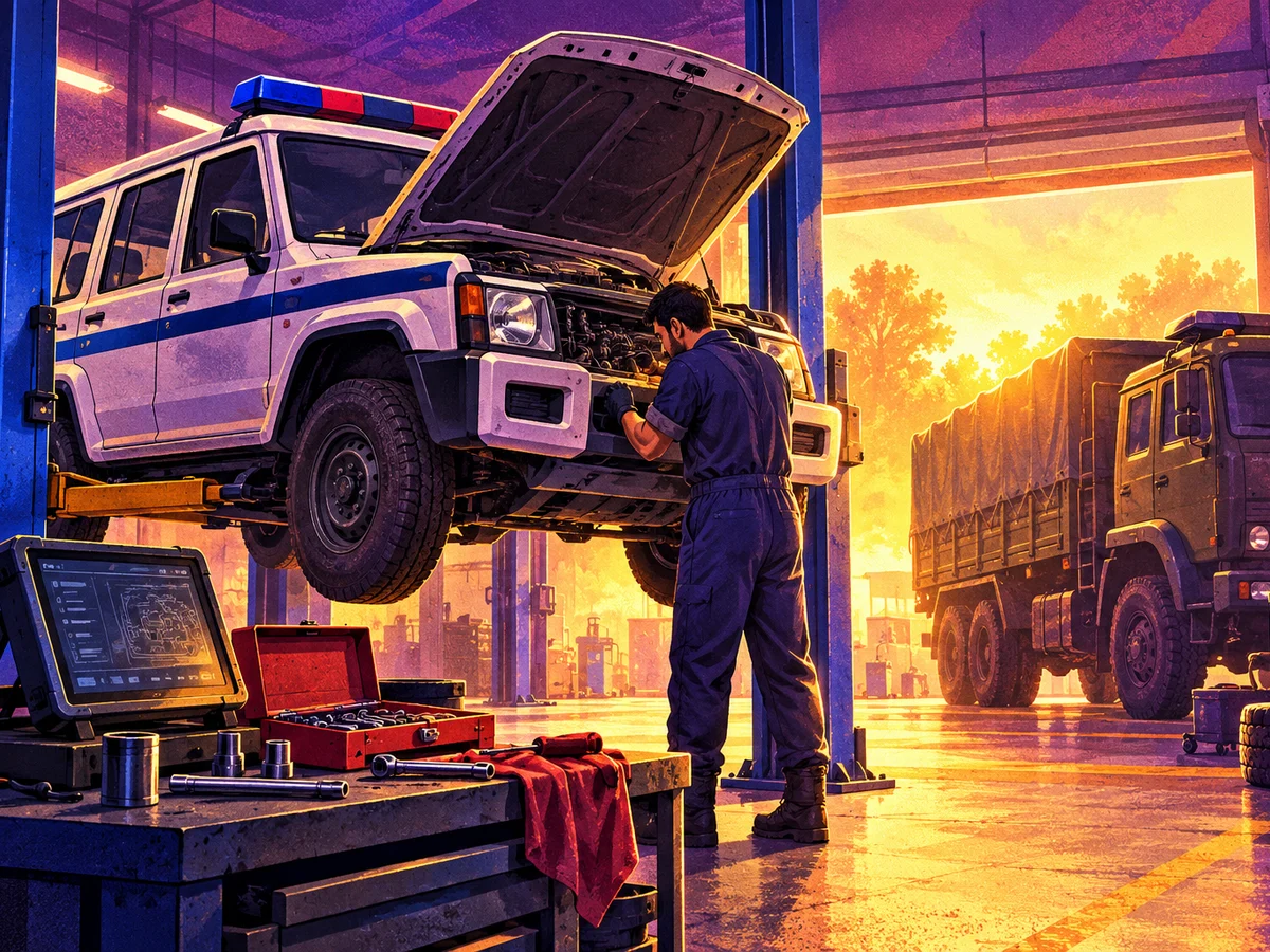 A police motor-transport workshop bay with a white patrol jeep on a lift, its bonnet open, a mechanic's toolkit and an engine diagnostic tablet on a workbench