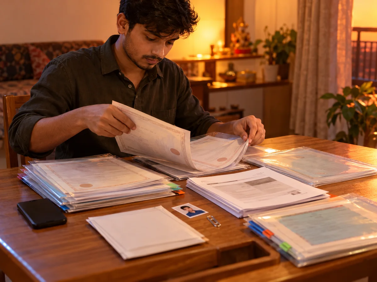 A young candidate arranging certificates and photocopies into a clear folder on a table at home before a verification visit