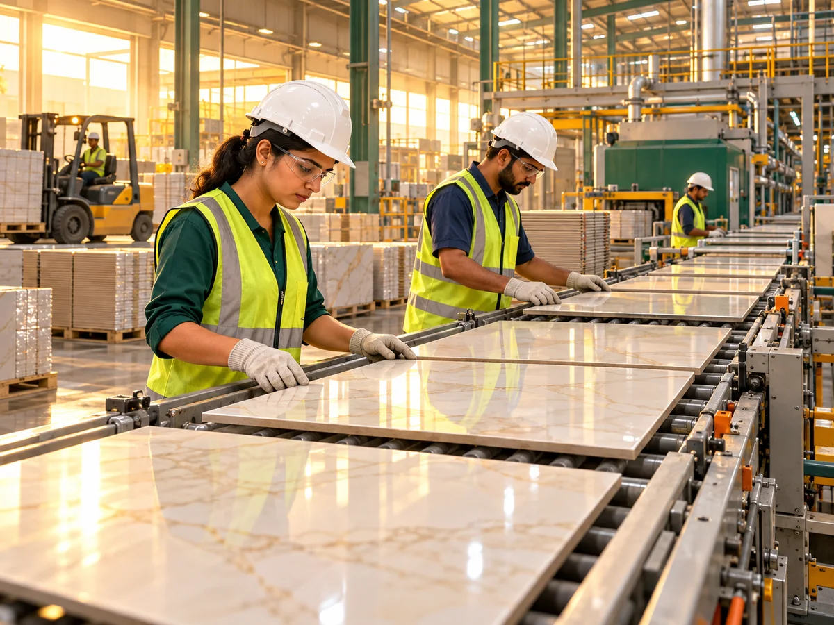 Workers in safety gear checking glossy ceramic tiles on a conveyor line in a bright factory in Morbi, Gujarat