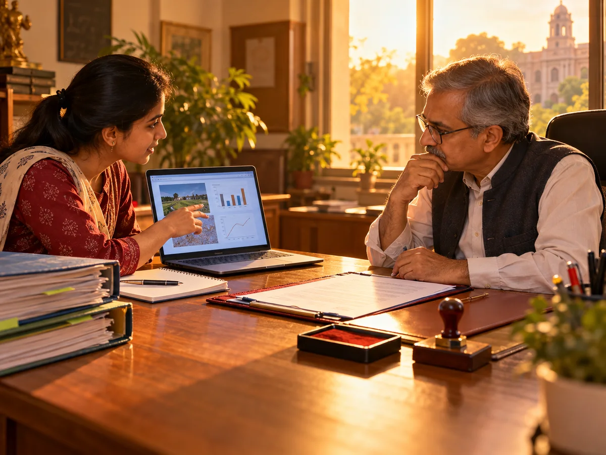 A PhD scholar showing slides on her laptop to her research guide in a university faculty office in Gujarat, with a signed research proposal and a stamp pad on the desk