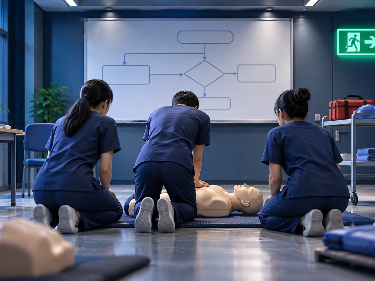 Students seen from behind practising CPR on a training mannequin on a classroom floor, a whiteboard behind them covered in a blank flow chart and an emergency-exit sign glowing green