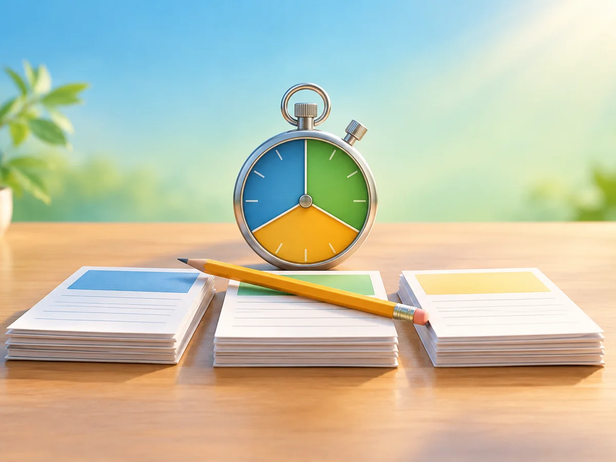 A desk with a stopwatch split into three equal segments beside three short stacks of practice papers for English, numbers and reasoning, a pencil resting across them