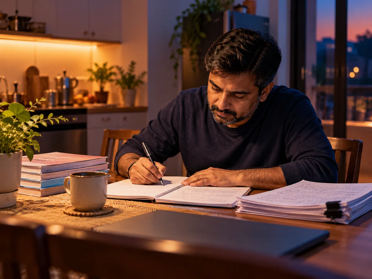 A working adult learner studying at a kitchen table late in the evening with a printed study booklet, a notebook and a cup of tea