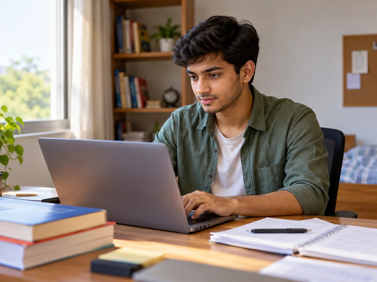 A final-year graduate filling an online MBA application form on a laptop at a study desk, with a CAT preparation book beside the laptop