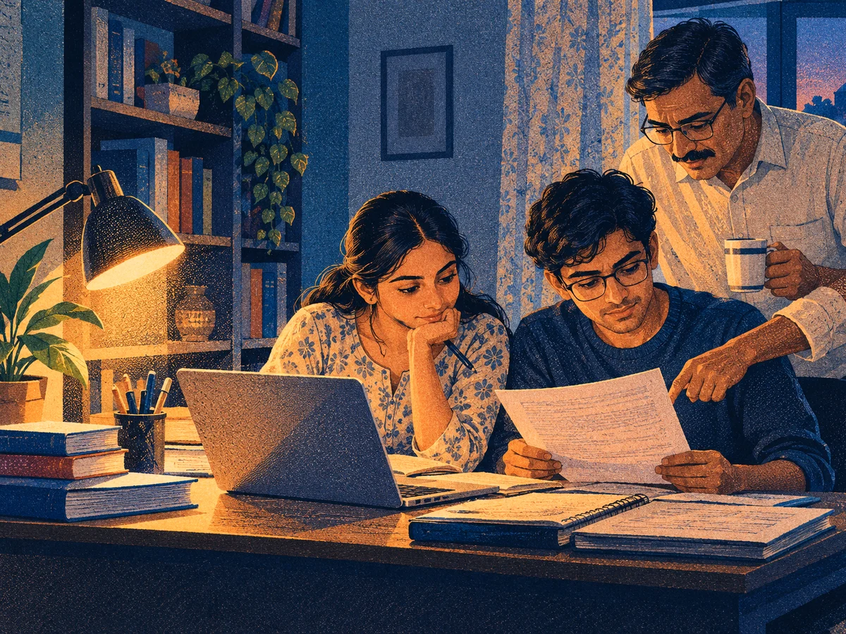 Two final-year students and a parent reading the IIM Ahmedabad admission policy on a laptop at a home desk in Ahmedabad