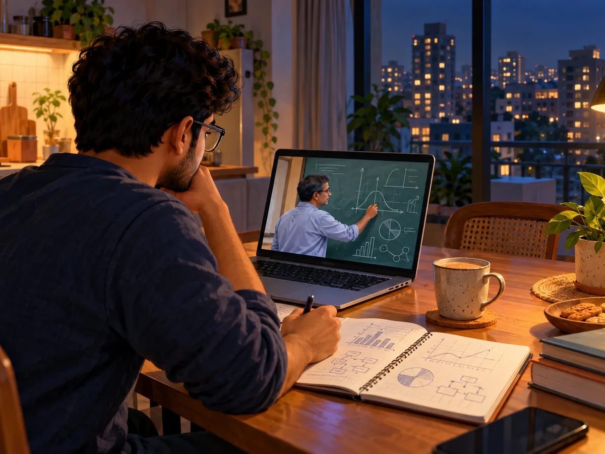 A young working professional at a kitchen table late in the evening, laptop open to a live class with a professor at a blackboard, a notebook full of charts beside a cup of tea