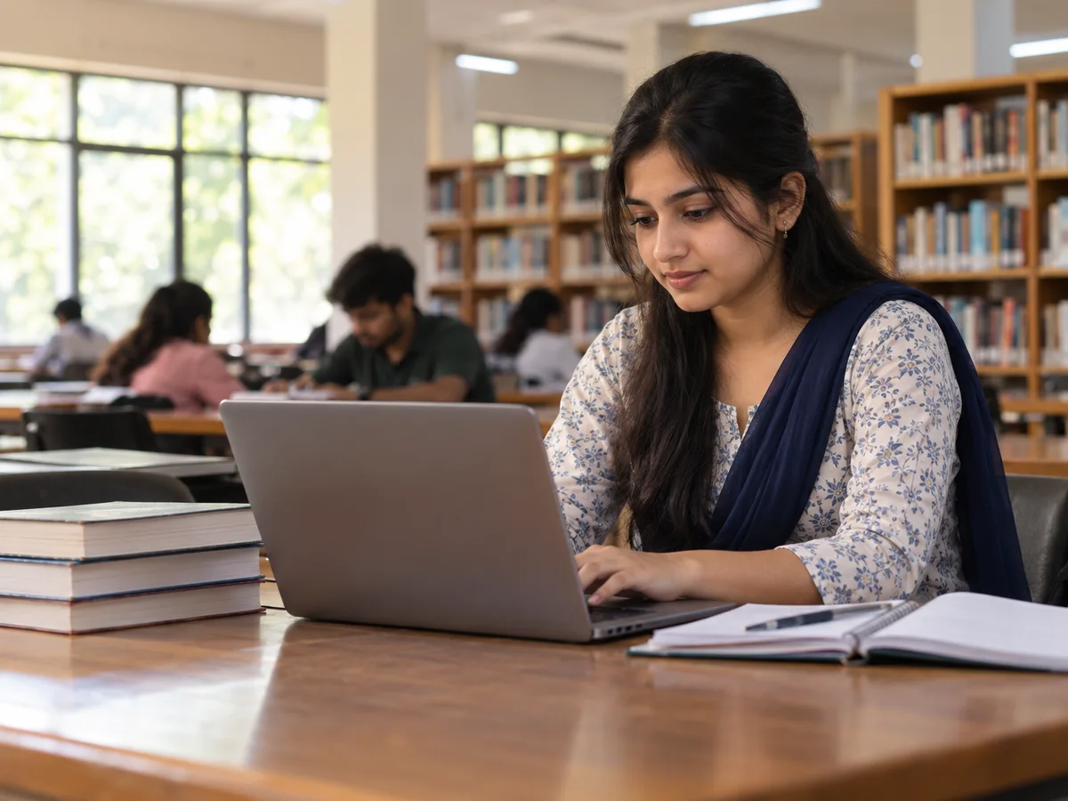 A final-year B.Sc. student at a library desk filling in an online application on a laptop