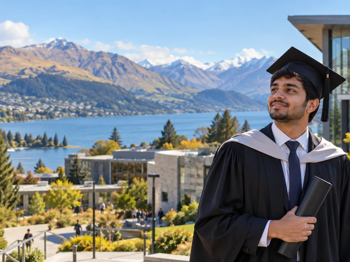 An Indian graduate in a graduation gown walking across a university campus in New Zealand with hills in the background