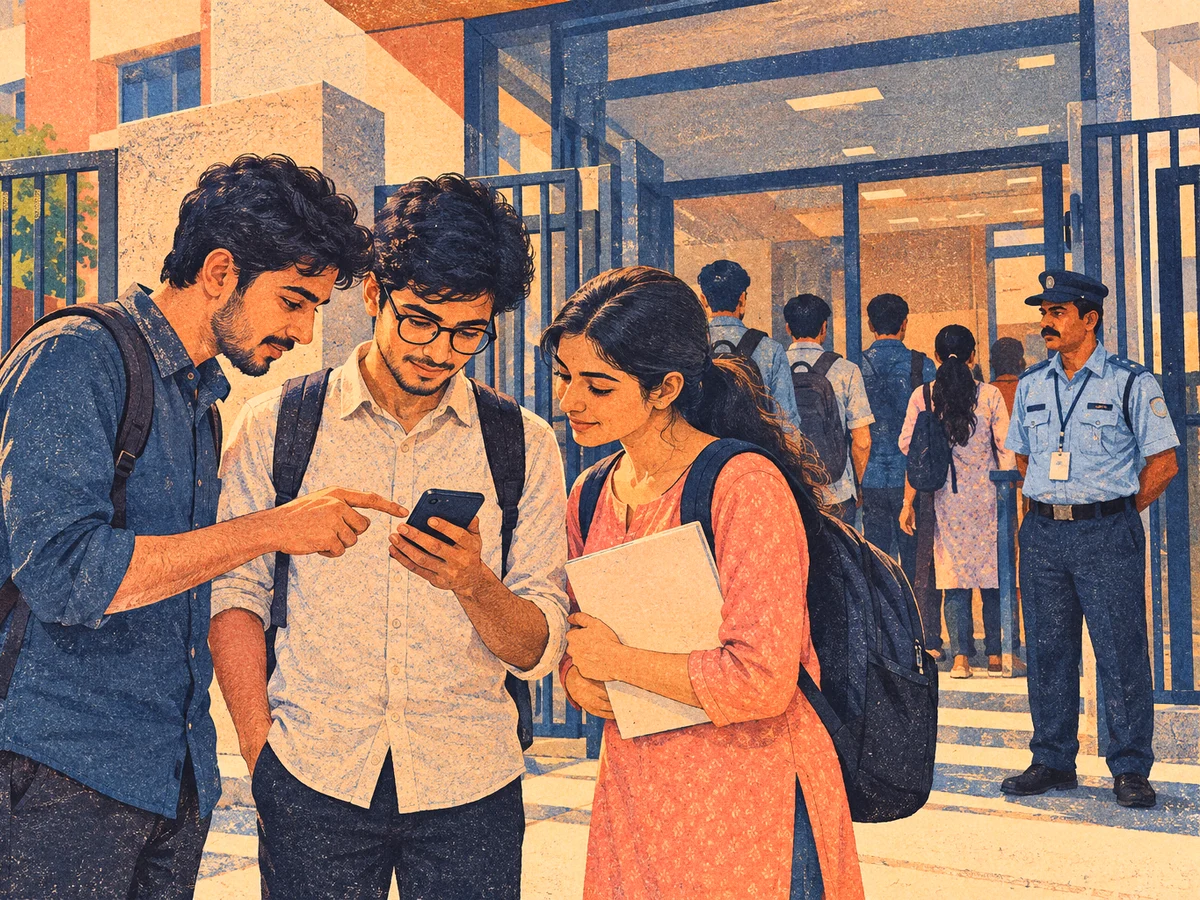 Three engineering graduates checking a test date on a phone outside a computer test centre