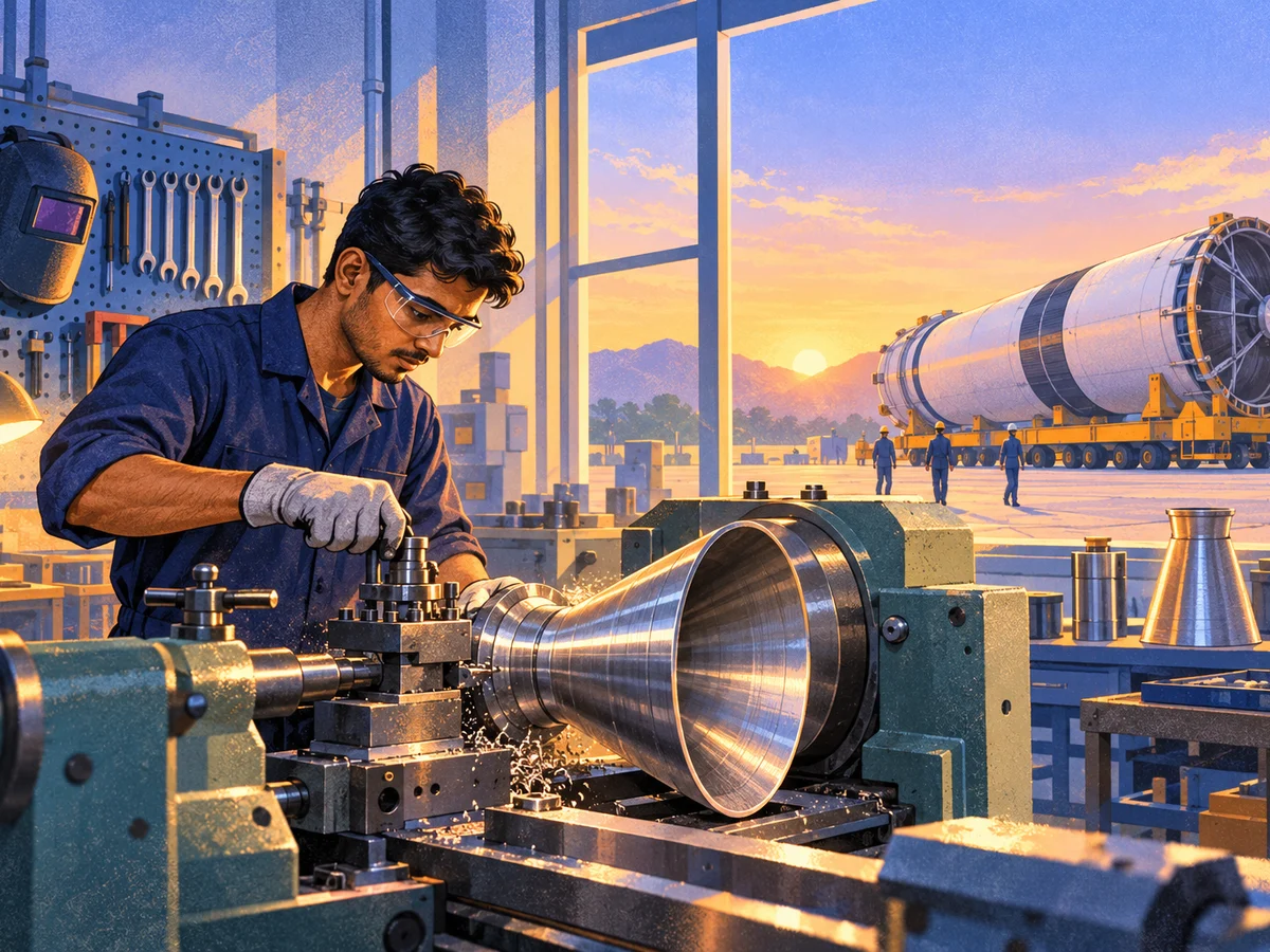 A technician in safety glasses and overalls machining a gleaming rocket engine part on a lathe inside a clean workshop, a test stand visible through the window