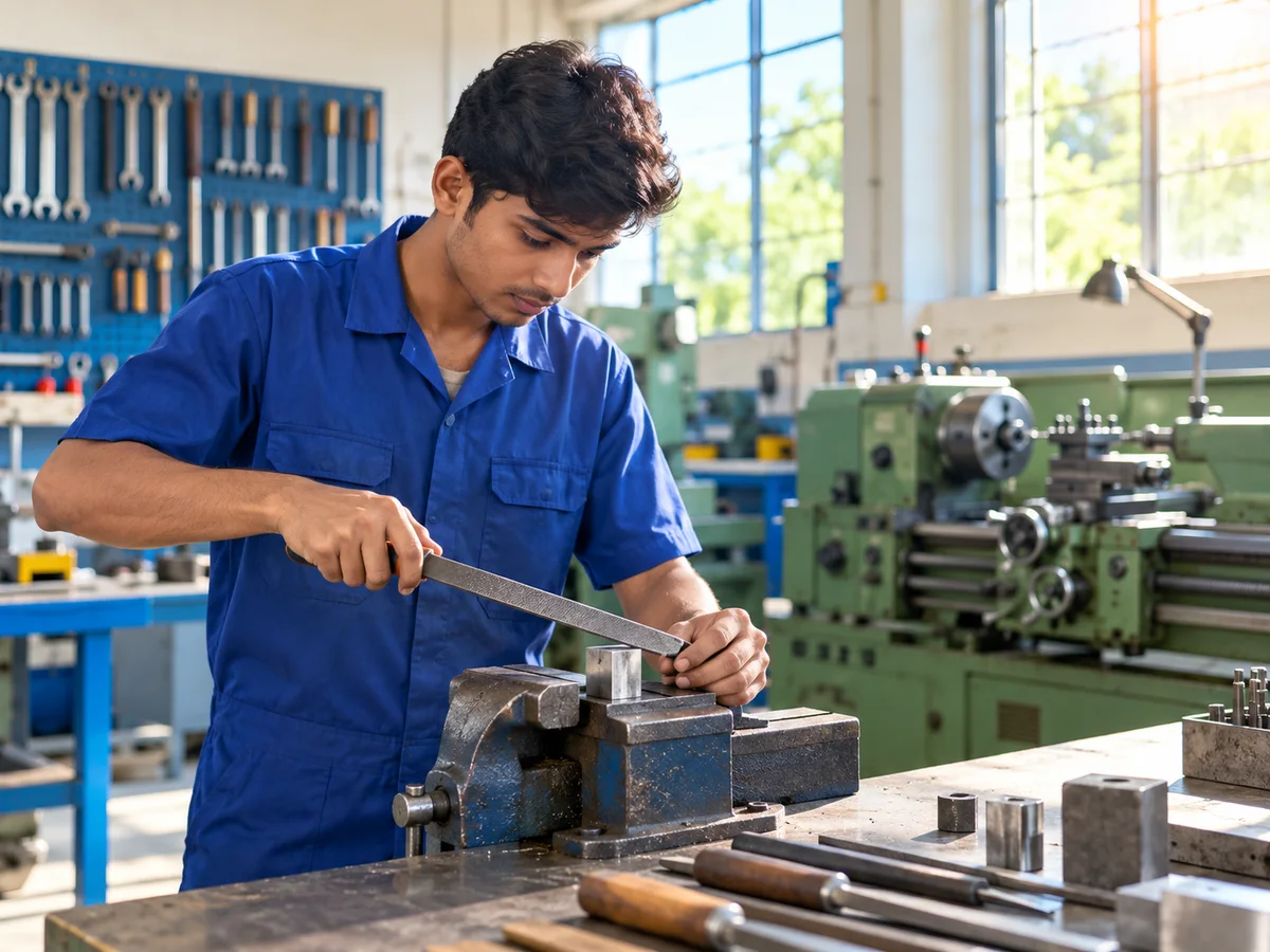 An ITI trainee in a blue uniform working at a fitting bench in a bright workshop with a lathe in the background