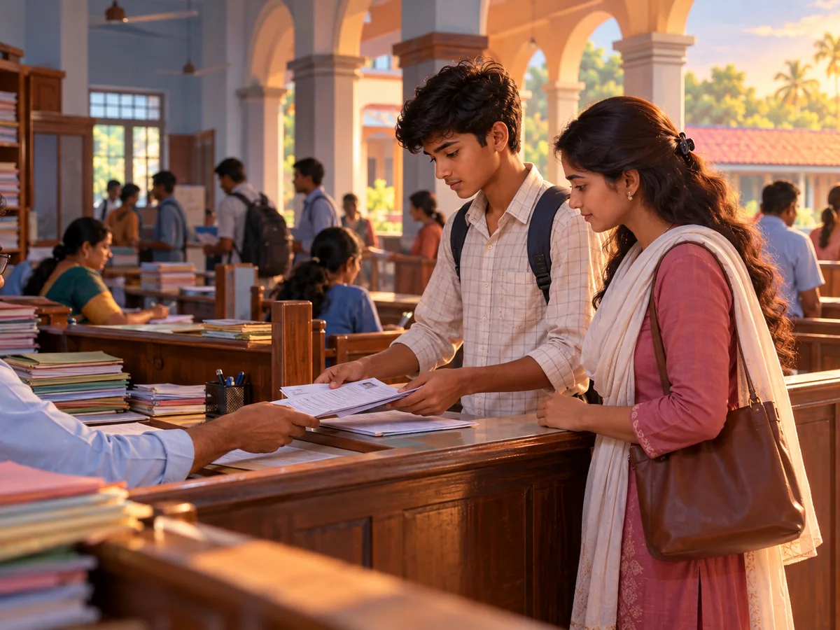 A teenage boy and his elder sister at the office counter of a government pre-university college in Karnataka, handing over a printed application and a Class 10 marks card to a clerk