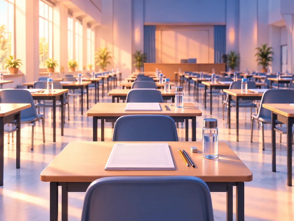 Rows of exam desks in a bright school hall with answer booklets, pencils and water bottles neatly placed, morning light through tall windows