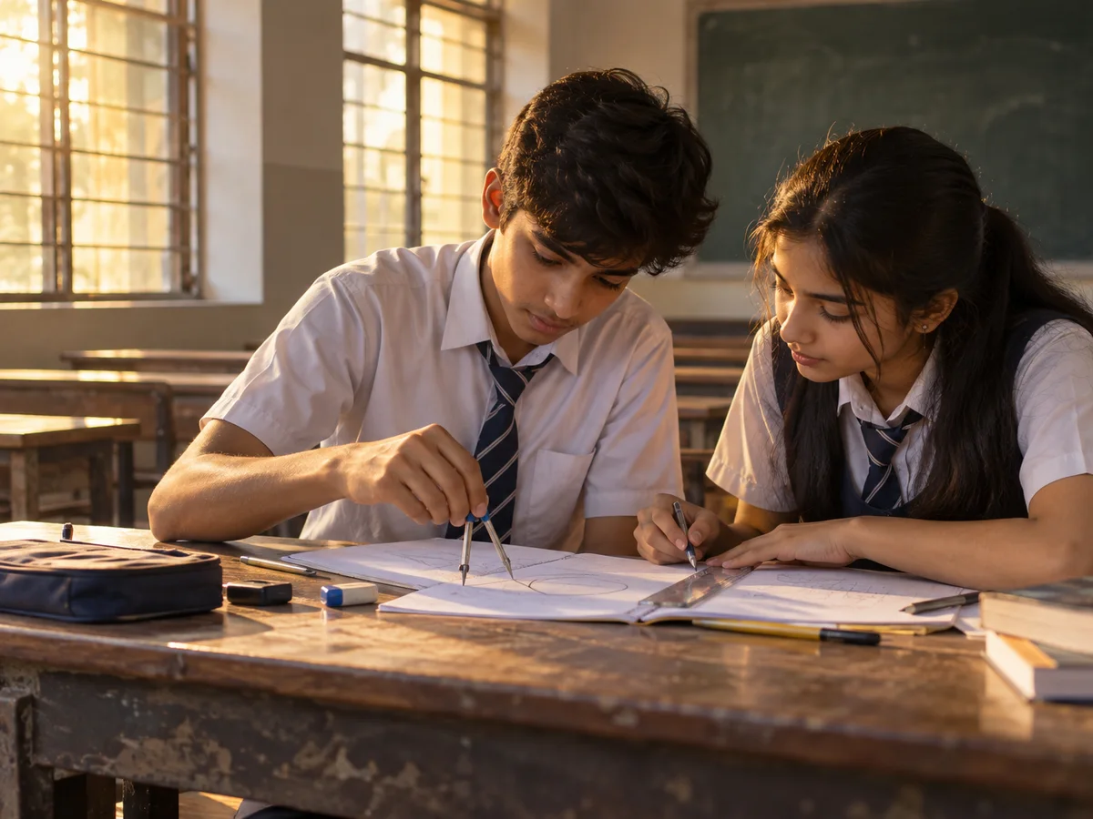 Two Indian school students in uniform working through a geometry proof together at a classroom desk, with compasses and rough sheets around them