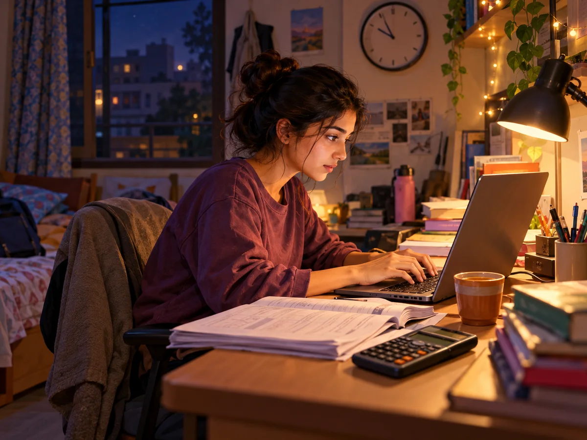 An engineering graduate at a hostel desk late at night, typing fast on a laptop with a wall clock behind her and a printed GATE syllabus and a scientific calculator beside the keyboard