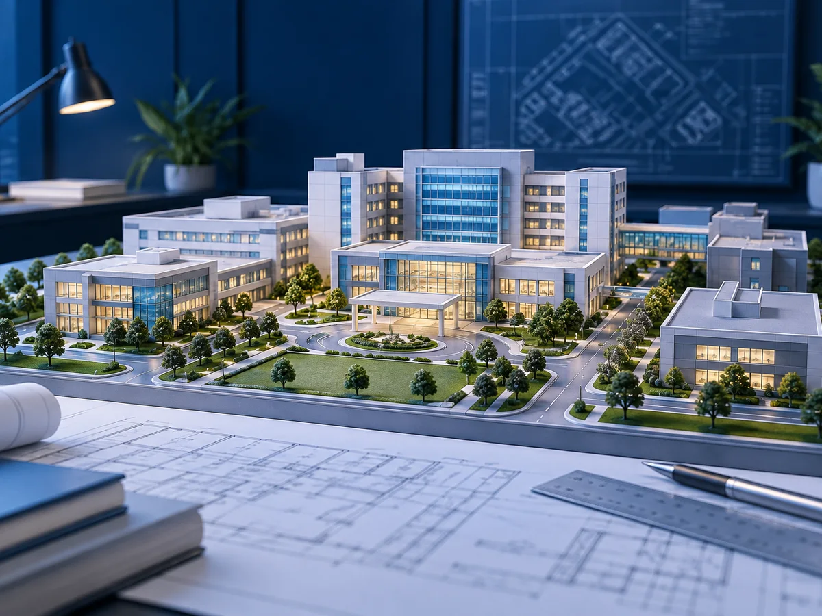 An architectural model of a modern medical college campus with its teaching hospital, green lawns and tiny trees, on a planning table with blueprints