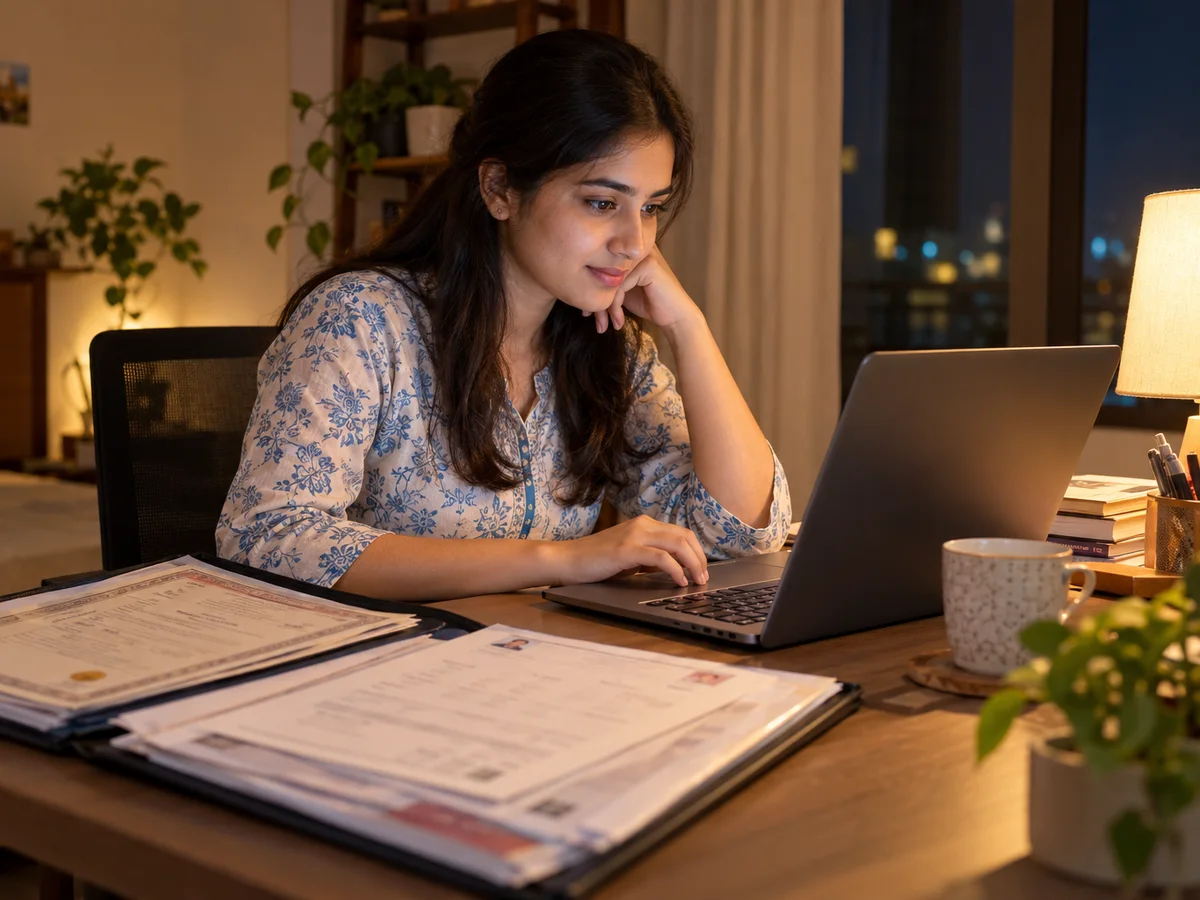 A young graduate filling an online job application on a laptop at a desk with her degree certificate and marksheets beside her