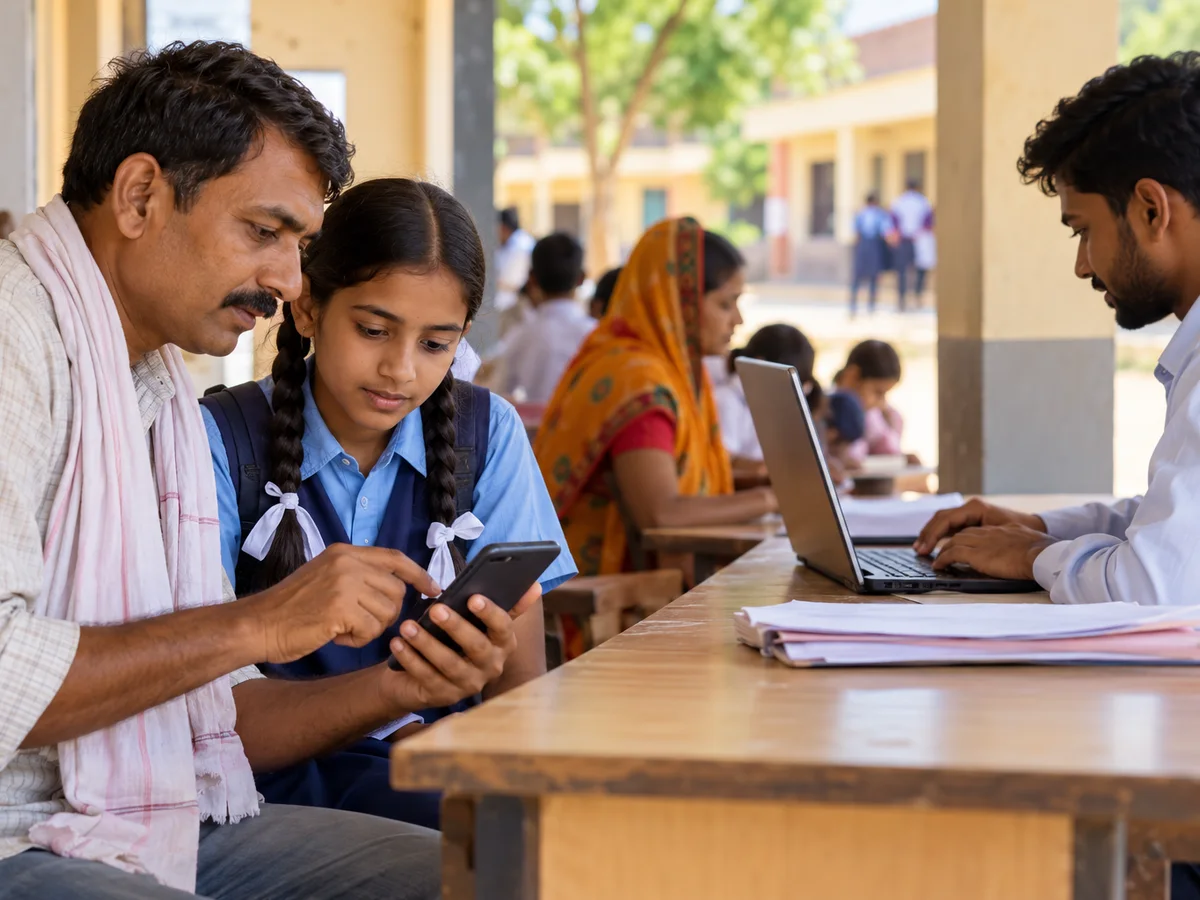 A Class 8 student and her father filling in an online form on a phone at a village school help desk