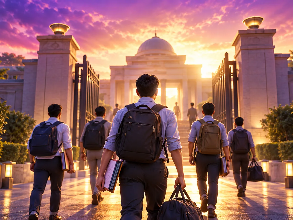 Seen from behind, a line of young candidates with backpacks walking toward a selection-board building gate in early light, a duffel bag and folder of certificates in hand