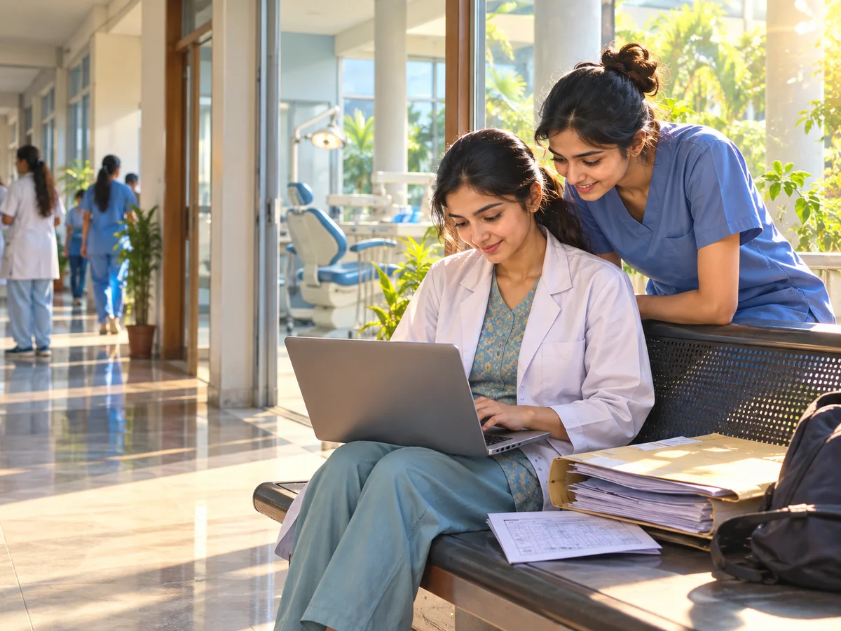 A young dentist sitting on a bench in a Gujarat dental college corridor, filling an online form on a laptop with a folder of certificates beside her while a friend in scrubs looks on