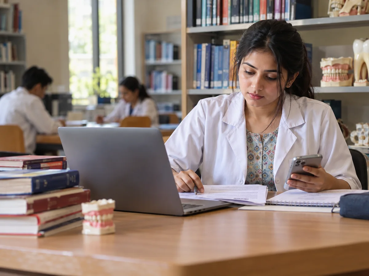 A young Indian dentist in a clinic coat sitting at a desk with a laptop, comparing a printed seat list with notes on a phone