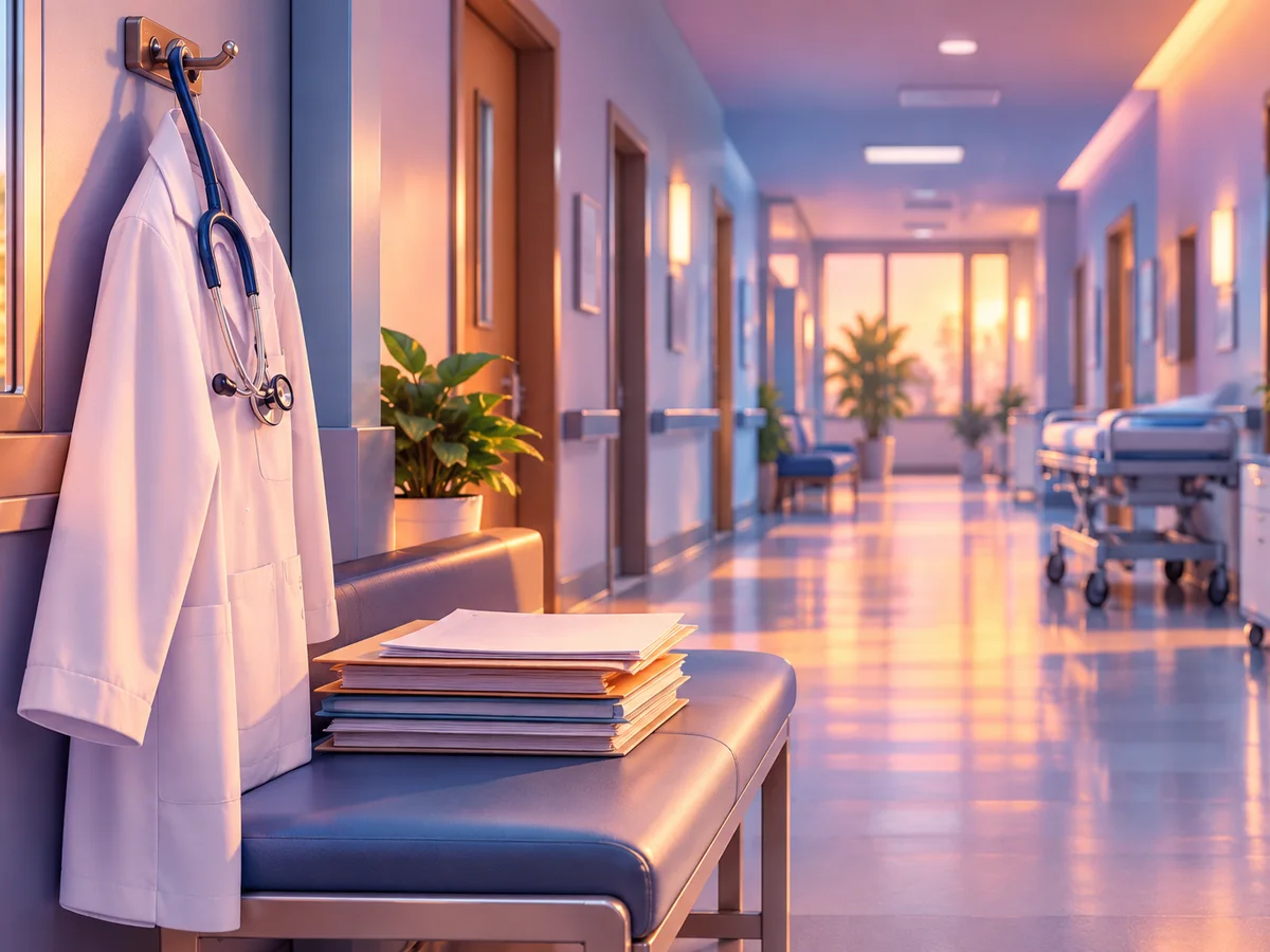 A calm hospital corridor with doors along it, a doctor's white coat and stethoscope on a hook in the foreground and a stack of counselling papers on a bench