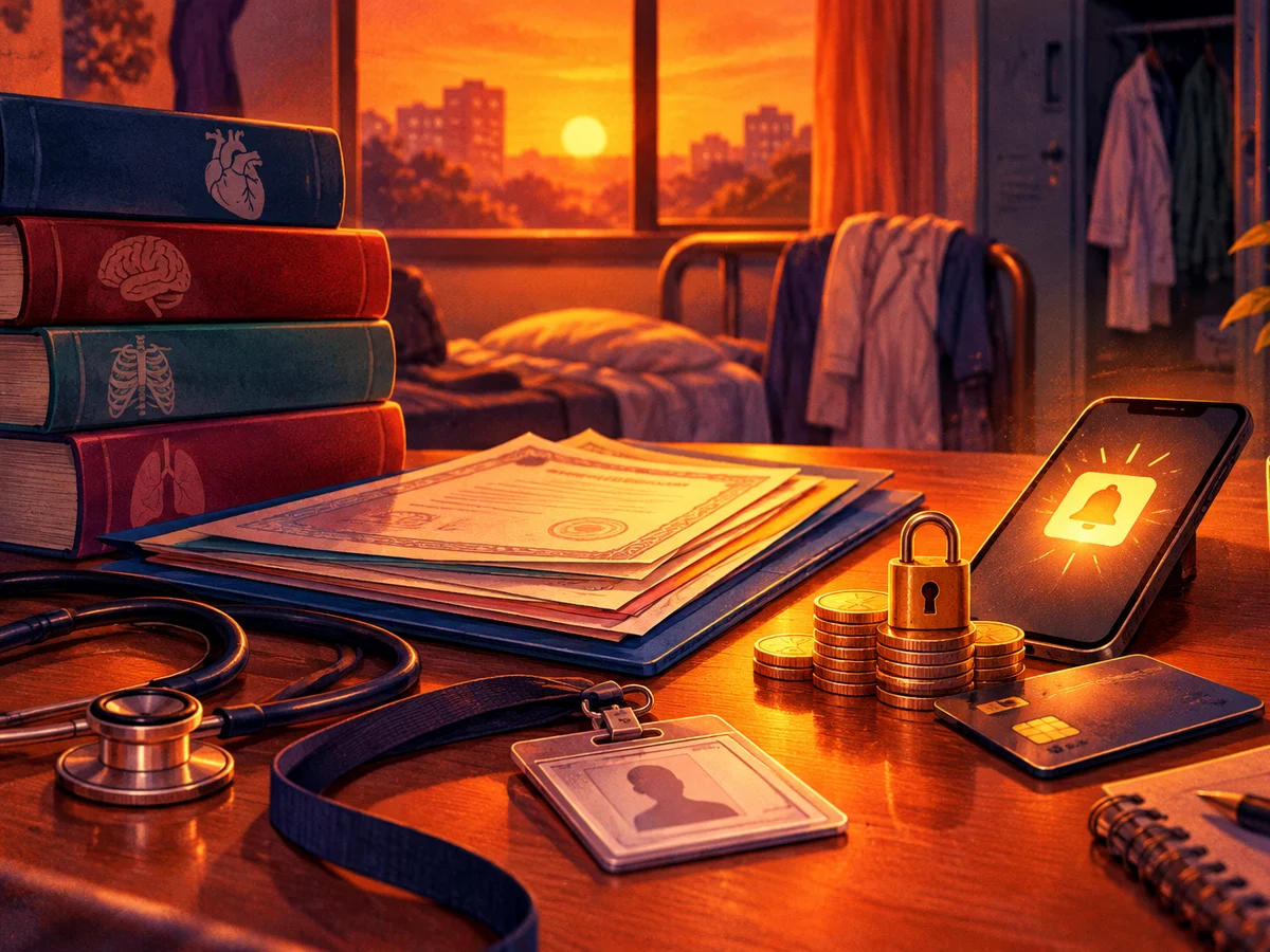 A young doctor in a white coat at a hospital corridor window, filling in an online form on a laptop with a stethoscope on the sill