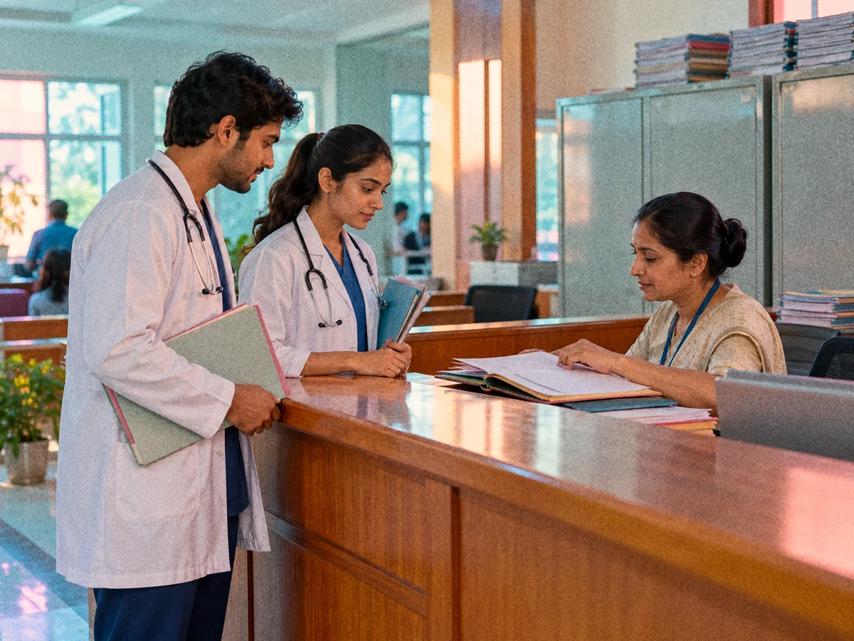 Two young doctors in white coats standing at the reception desk of a medical college administrative office, holding document folders while a clerk checks a file
